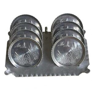 Vtg aluminum 8 Coaster Set duck scene with stand great bar ware